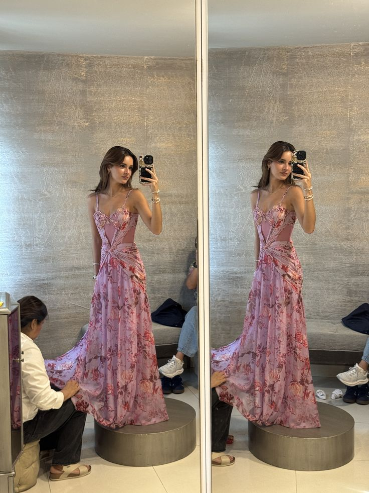 Pretty Spaghetti Straps Sweetheart Neck Chiffon Printed Floral Pleated Mermaid Evening Dress Long Prom Dress