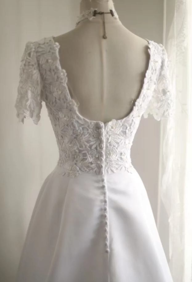 Classy Lace Appliques Satin A Line White Long Wedding Dress Bridal Dress