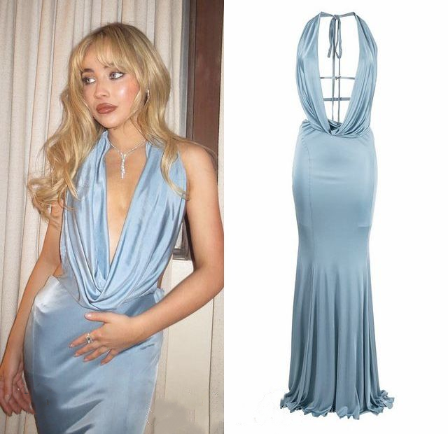 Sexy Blue Halter Satin Mermaid Prom Dress Backless Long Party Dress