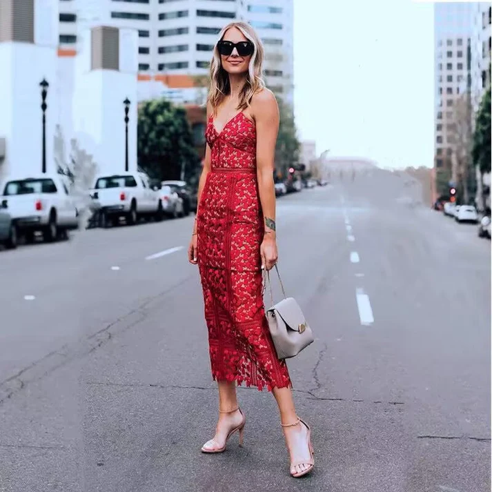 Classy Sheath Spaghetti Straps Red Lace Prom Dresses Summer Wedding Guest Dresses Wedding Guest Outfits