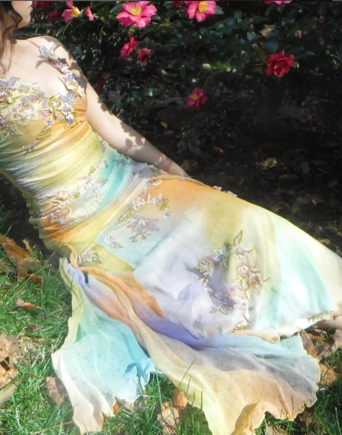 Pretty Vintage Mermaid V Neck Appliques Chiffon Prom Dresses Evening Dresses