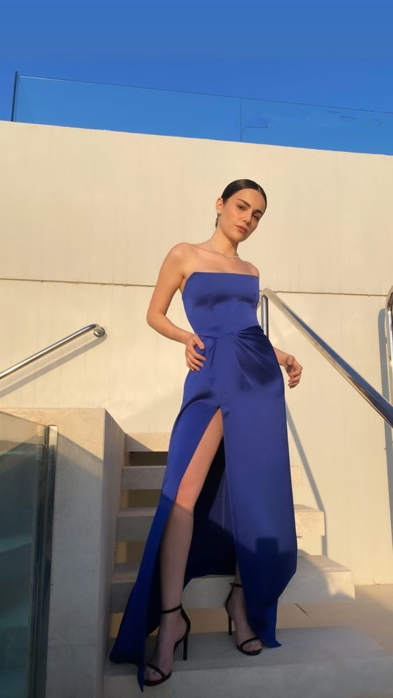 Sexy Strapless Royal Blue Prom Dress Slit Party Evening Dress
