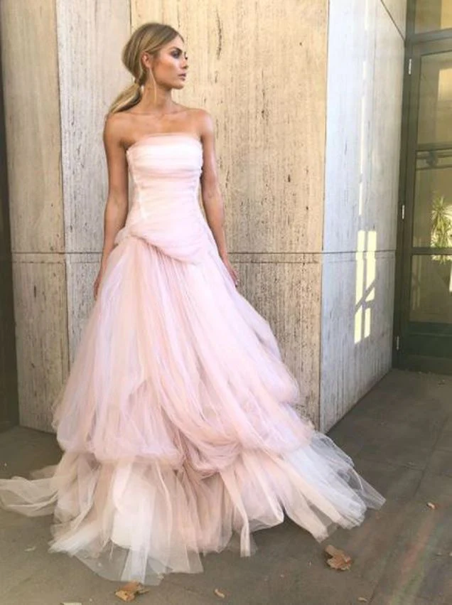 Light Pink Tulle Long Prom Dress Elegant Ball Gown