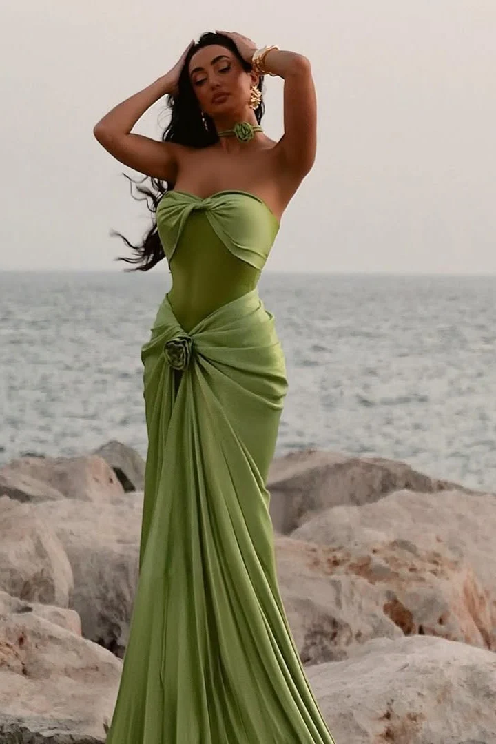 Modest Mermaid Sweetheart Sage Green Long Satin Prom Dresses Evening Dress