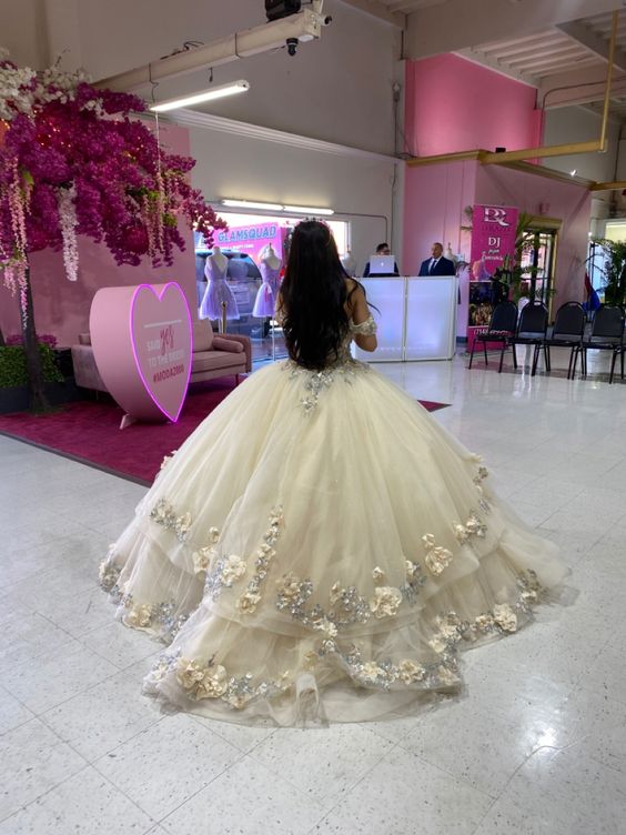 Champagne quince dress with flowers corest sweet16 dress off the shoulder ball gown