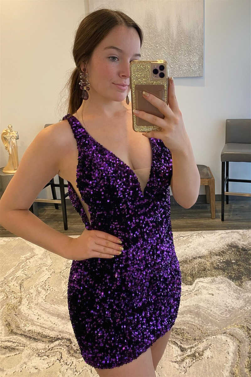 Purple Sequins Plunge Mini Homecoming Dress Open Back Homecoming Dress
