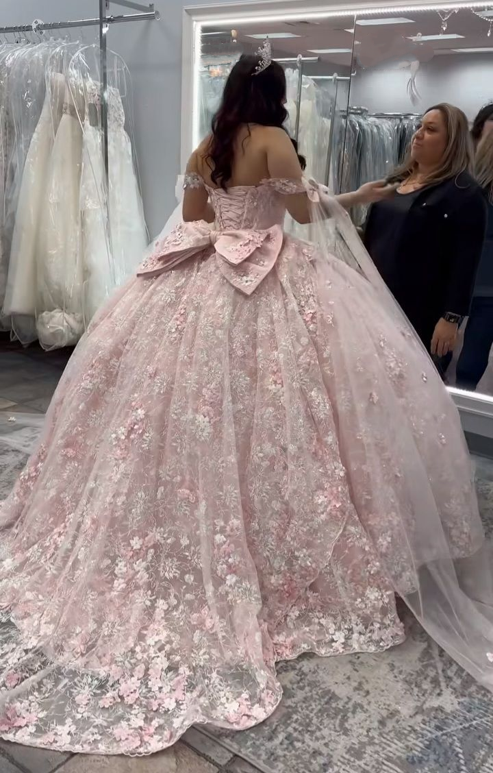 Pretty Pink Off The Shoulder Tulle Lace Appliques Quinceanera Dress Sweet 16 Dress With Bow