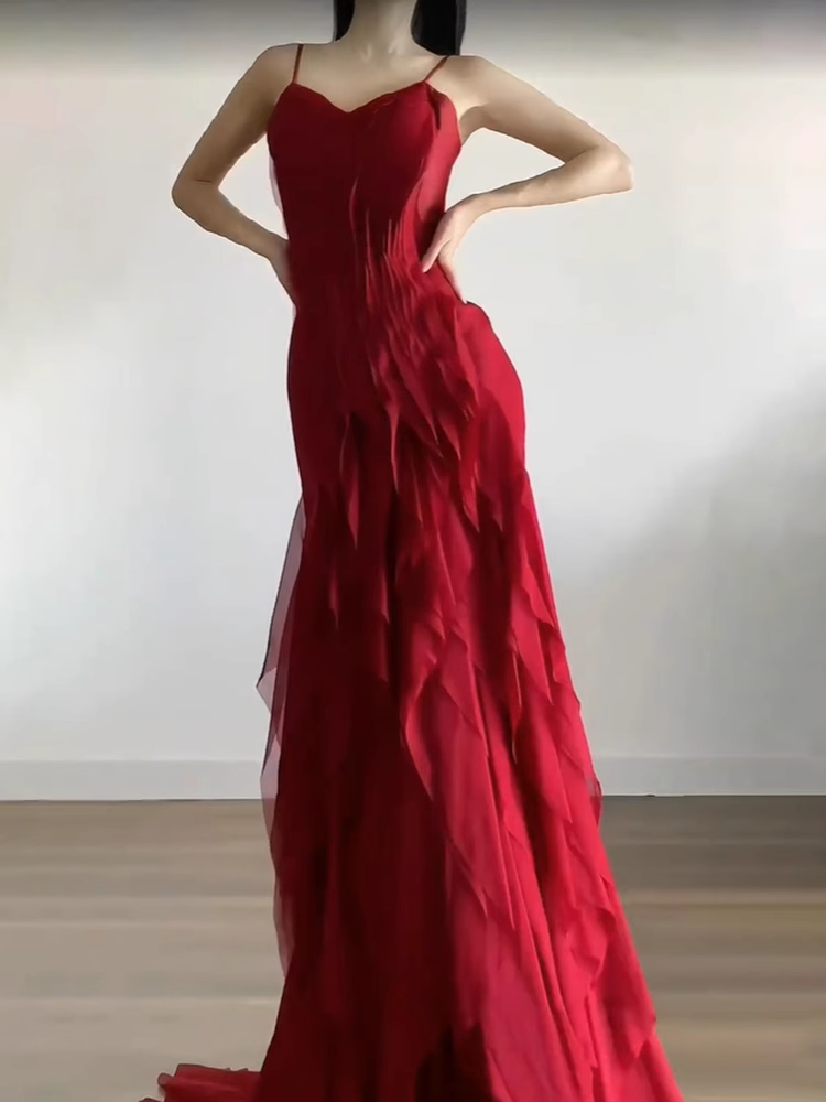 Simple Sheath Spaghetti Straps Burgundy Chiffon Long Ruffles Party Dresses Birthday Dress
