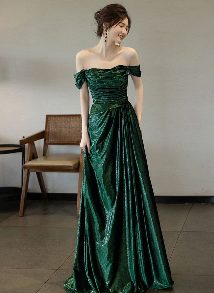 Beautiful Green Off Shoulder Evening Dress, Green Long Prom Dress