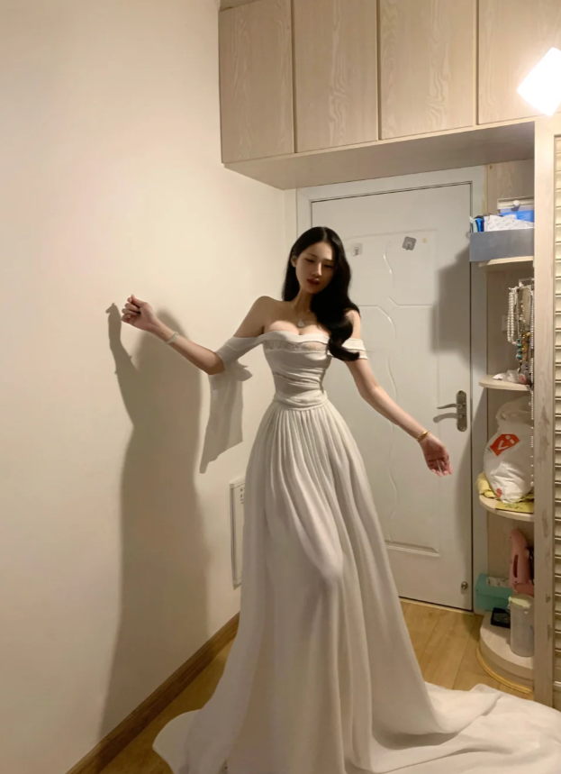 Glamorous Off The Shoulder White Chiffon Long Party Dress Wedding Guest Dress