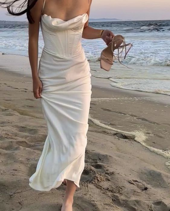 Spaghetti Straps White Satin Long Party Dress Prom Evening Gown