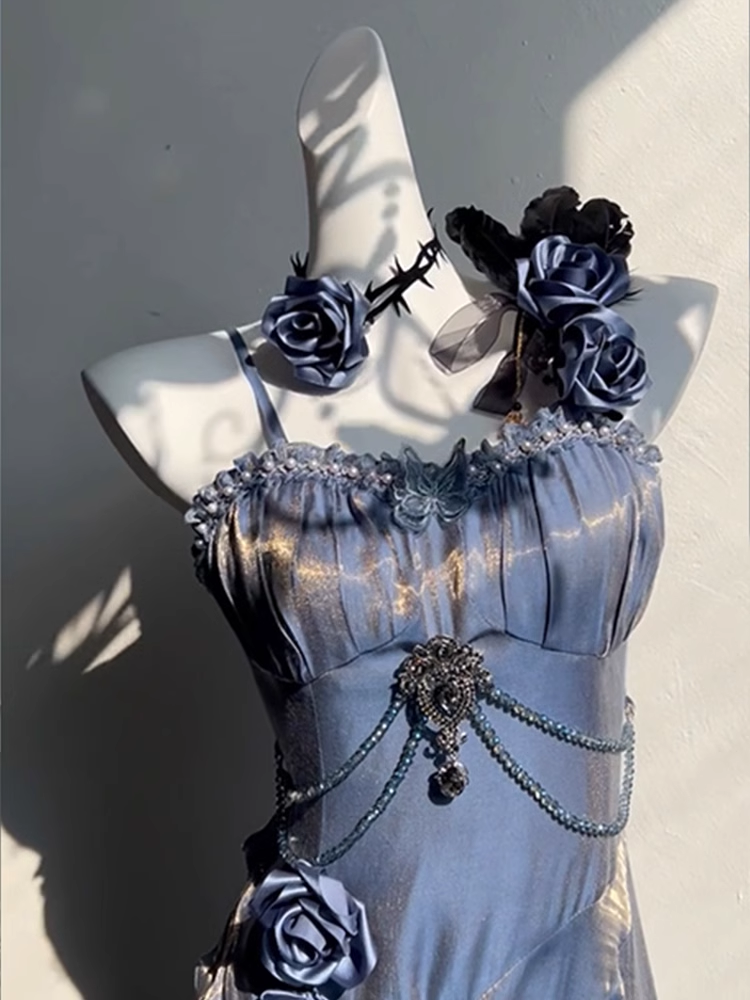 Chic Sheath Spaghetti Straps Floral Blue Long Party Dresses Birthday Outfits With Sleeves