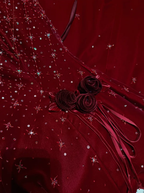 Pretty Burgundy Strapless Velvet Beaded Long Birthday Party Dress Evening Dress