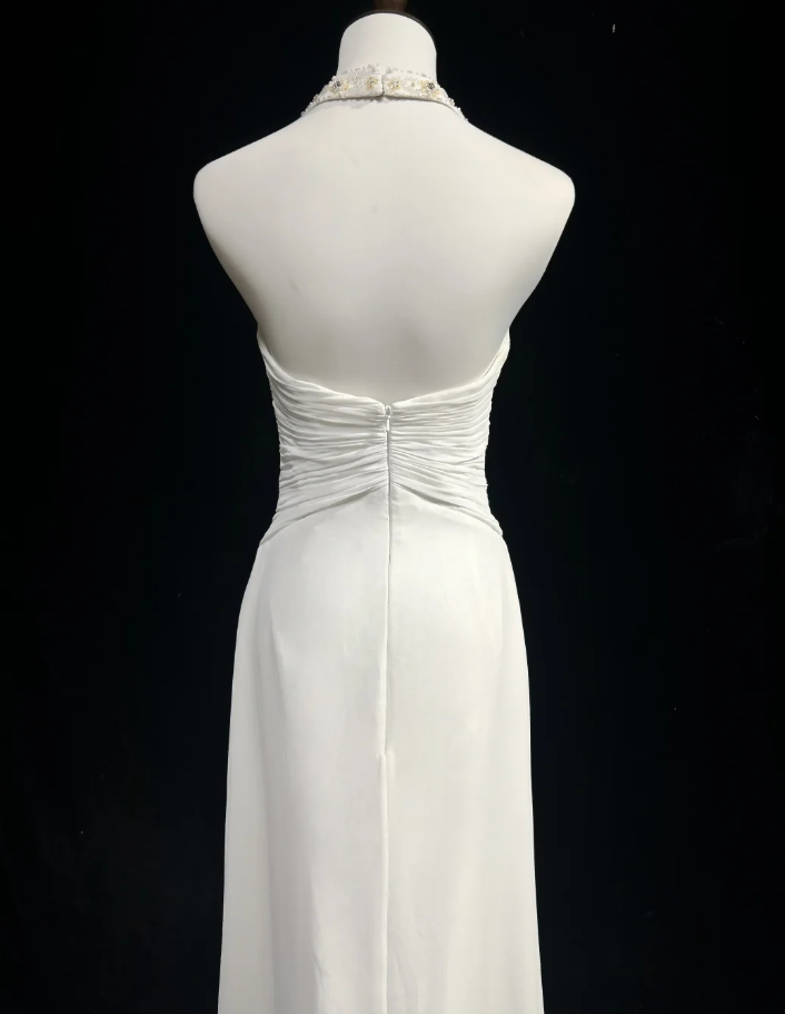 Charming White Halter Chiffon Beaded Long Wedding Guest Dress Formal Birthday Prom Dress Evening Dress