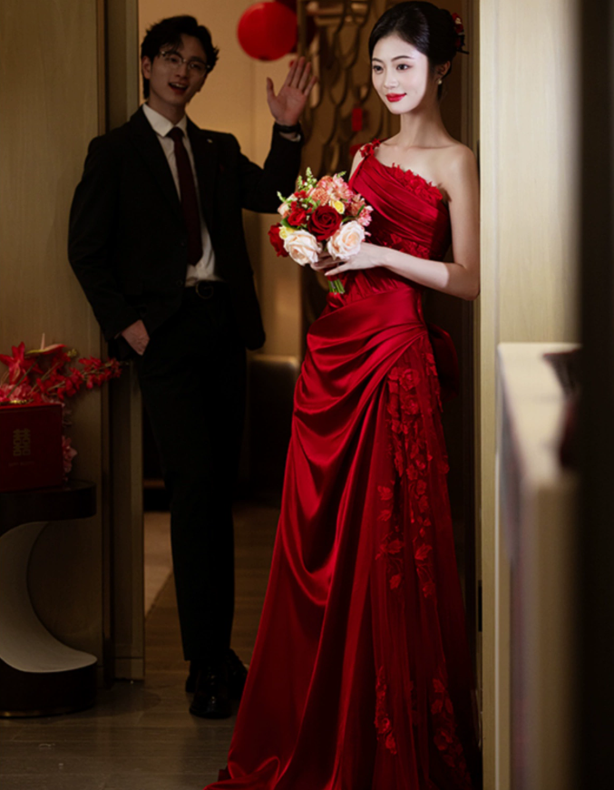 Burgundy Mermaid Long Formal Dress Satin Lace Evening Dresses