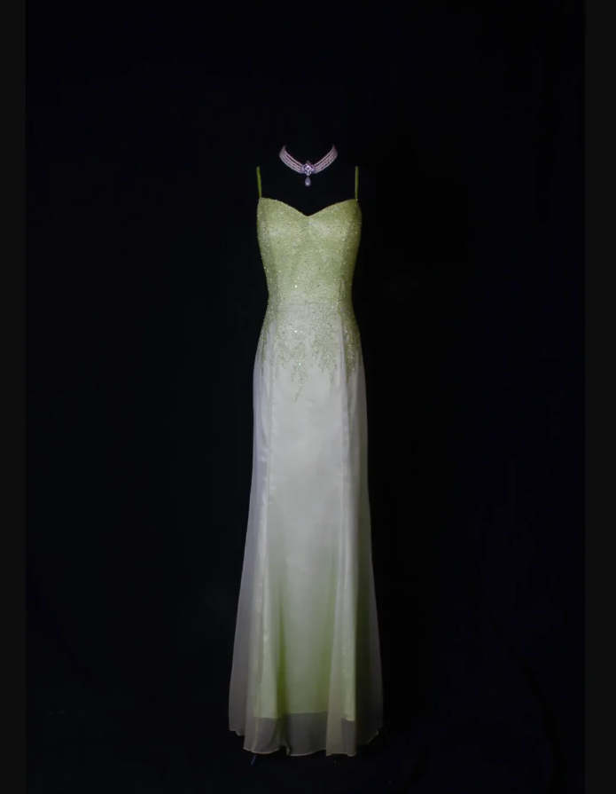 Classy Spaghetti Straps Satin Chiffon Beaded Mermaid Evening Dress Ombre Green Birthday Prom Dress
