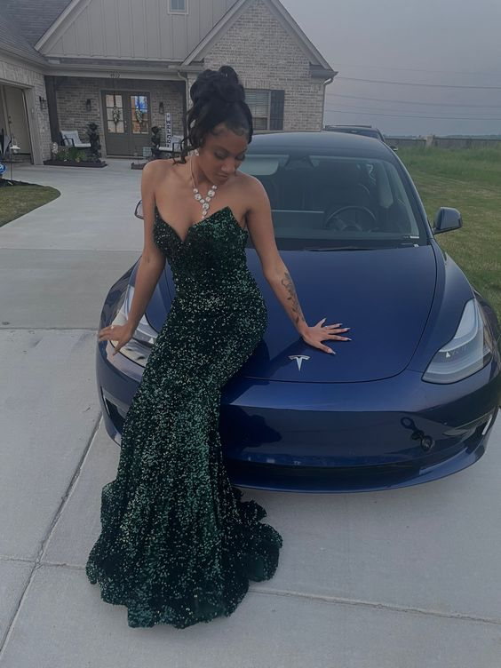Dark Green Strapless Mermaid Floor Length Sequined Prom Dress