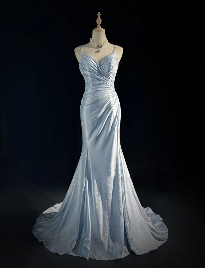 Elegant Spaghetti Straps Blue Satin Appliques Sequin Mermaid Long Wedding Guest Dress Evening Dress