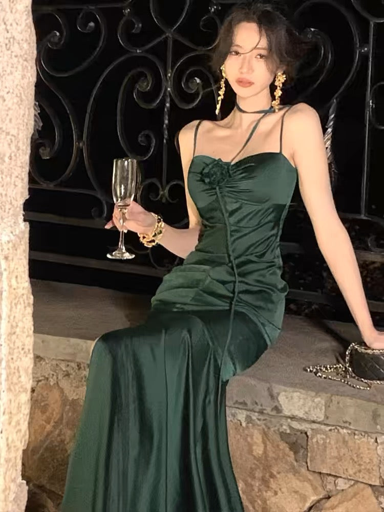 Simple Sheath Spaghetti Straps Floor Length Green Satin Prom Dresses Birthday Dress