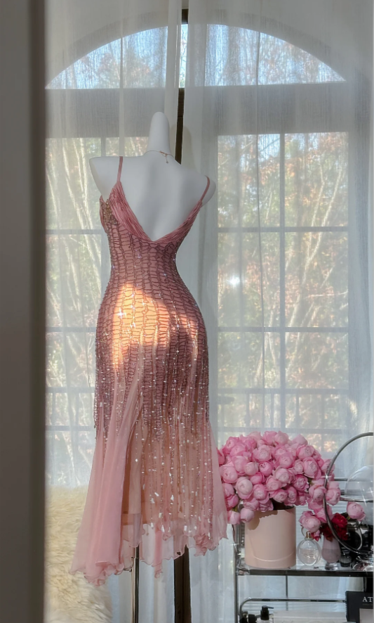 Pretty Spaghetti Straps Pink Chiffon Beaded Mermaid Long Wedding Guest Dress Pink Birthday Prom Dress Party Dress