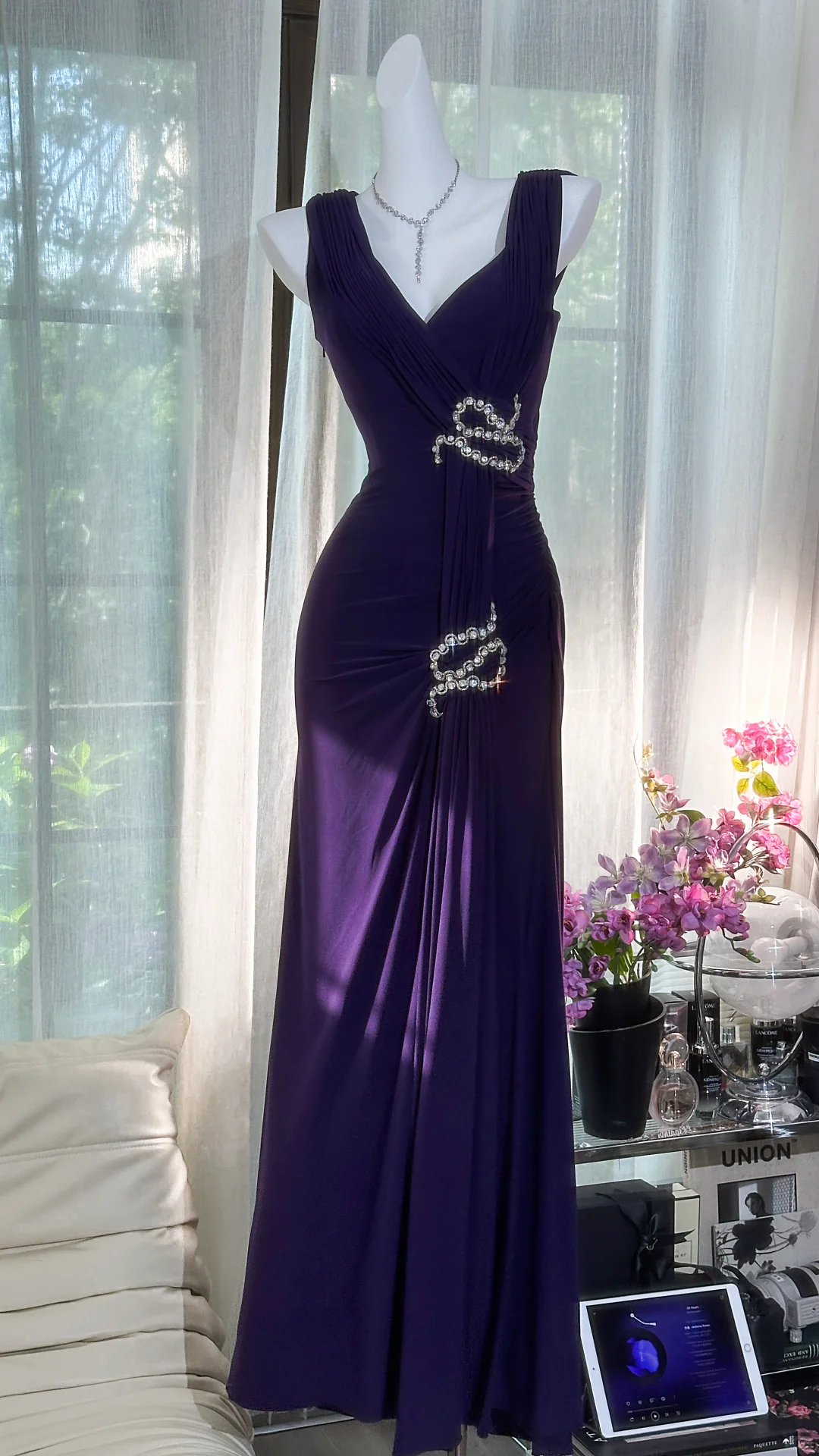 Pretty V Neck Purple Chiffon Beaded Mermaid Party Dress Formal Birthday Prom Dress