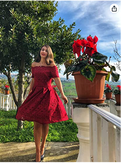 Women's Vintage Floral Lace Short Sleeve Boat Neck Cocktail Party Swing Dress Homecoming Dress
