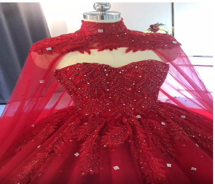 Red Ball Gown With Cape And Beads, Luxury Prom Dress