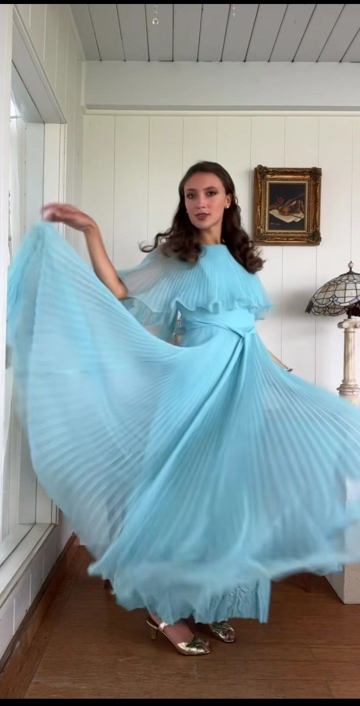 Elegant Blue Pleated A Line Prom Dress Formal Party Evening Dress