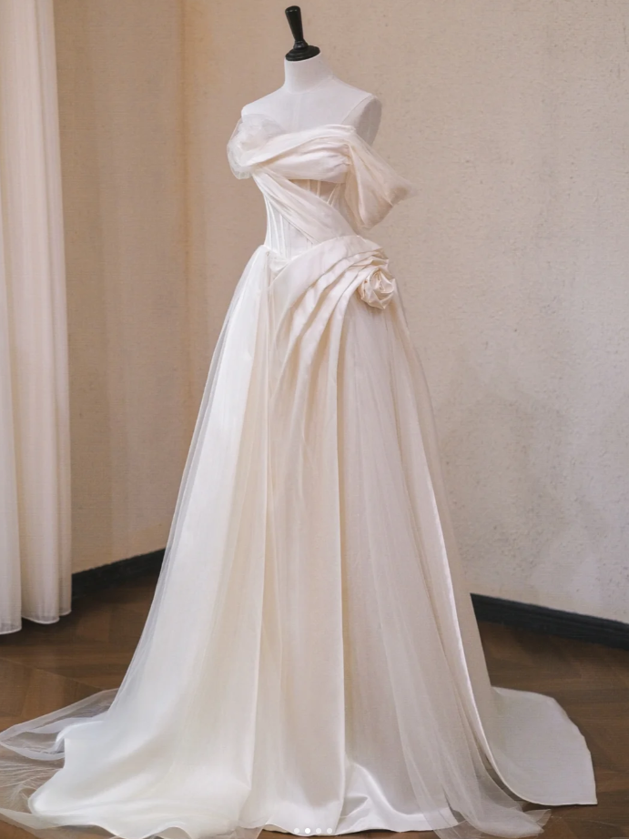 Elegant Off The Shoulder Satin Tulle Pleated White Long Wedding Dress