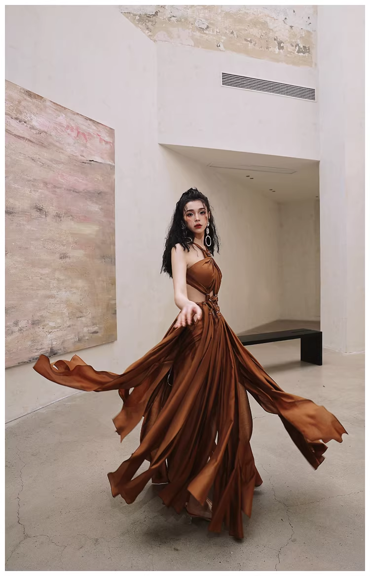 Sexy Halter Caramel Backless Satin Long party Dress Evening Gown
