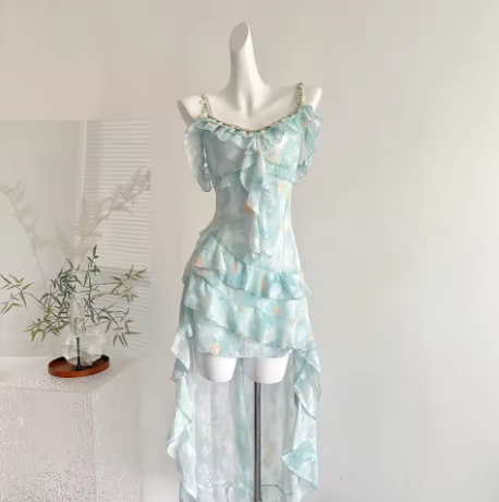 Simple Chiffon Blue Ruffle Party Dress Prom Gown