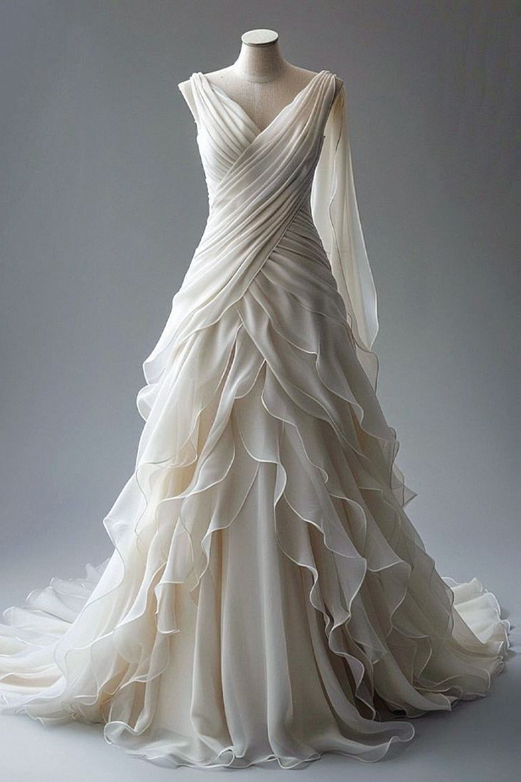 Elegant Ivory Princess Ball Gown V Neck Ruched Ruffles Chiffon Prom Dress Wedding Dress