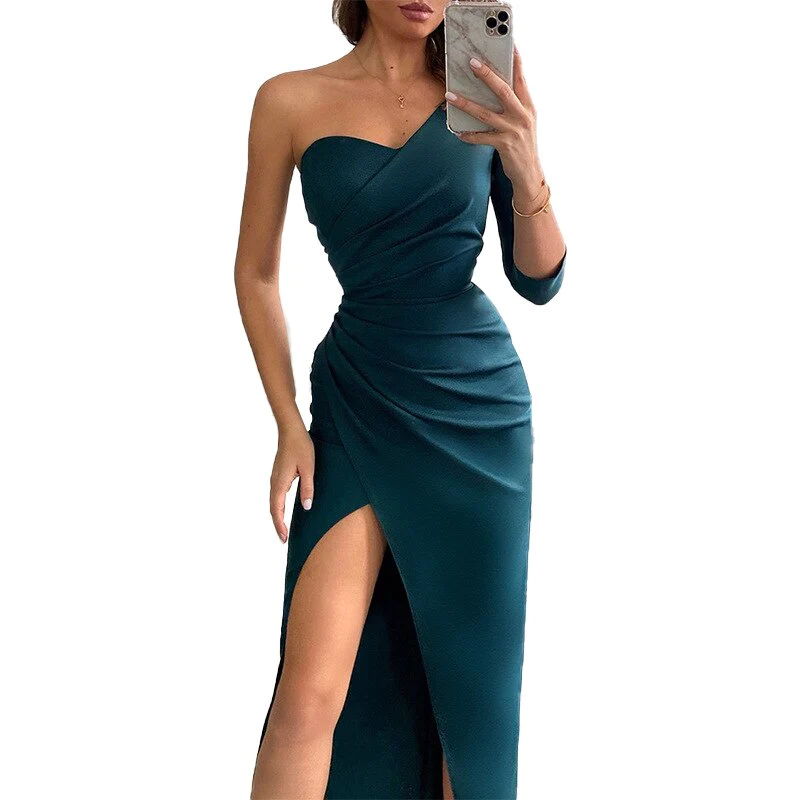 Prom Dresses For Woman Solid Color One Shoulder Sexy Dress