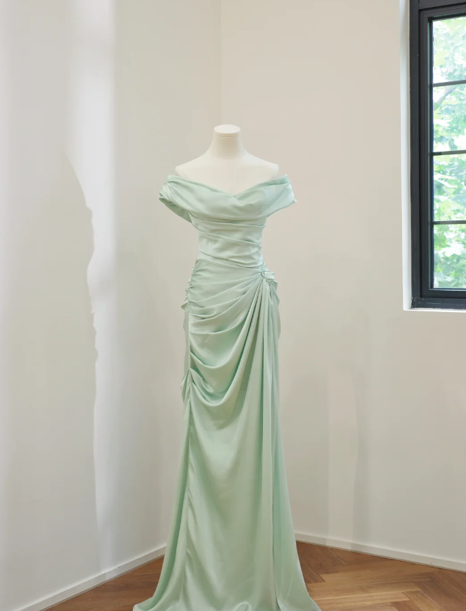 Classy Green Satin Mermaid Long Wedding Guest Dress Formal Bridesmaid Dress