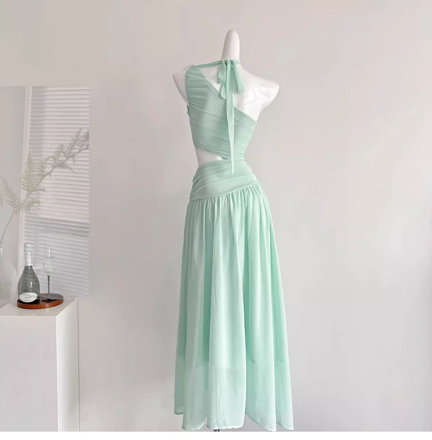 Sexy Mint Green One Shoulder Chiffon Vacation Dress Birthday Dress