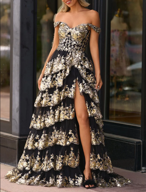 Gorgeous Black Tulle Lace Appliques Tiered Evening Dress,A Line Off The Shoulder Slit Prom Party Gown