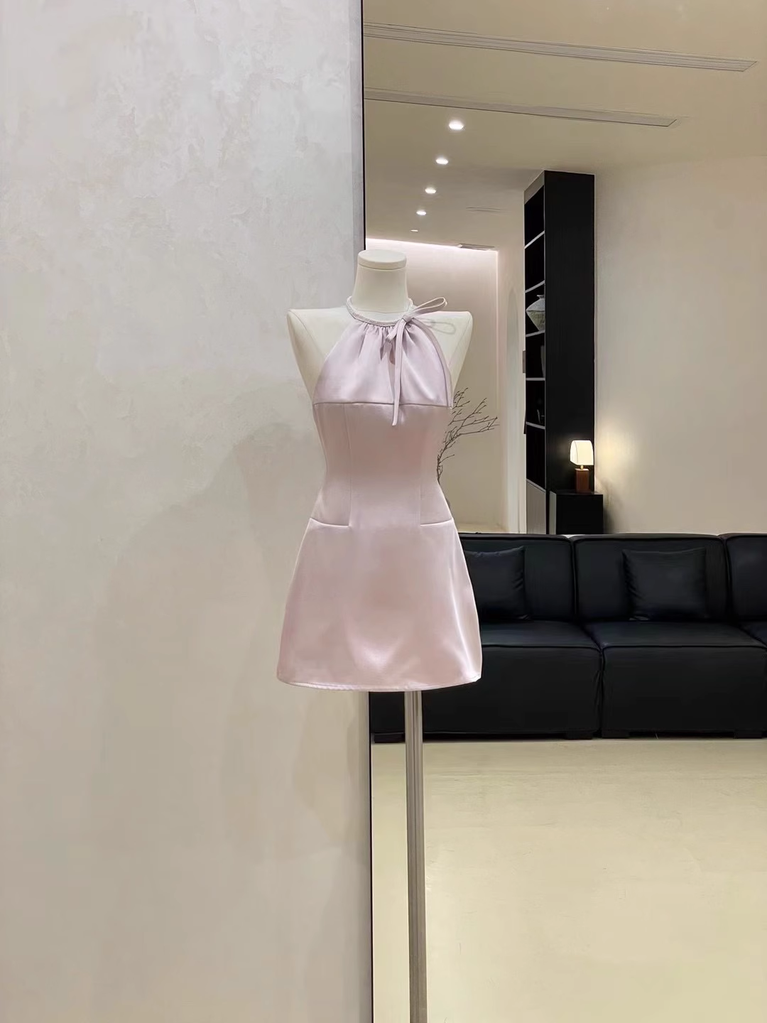 Pink Satin Halter Neck Holiday Dress A-Line Mini Party Dress