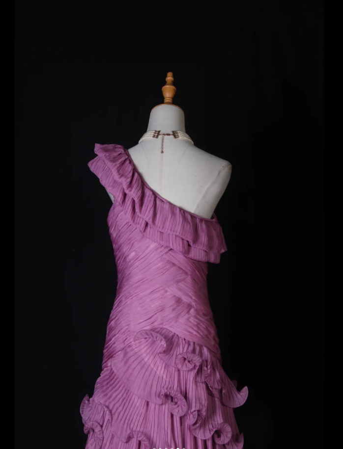 Fairy One Shoulder Purple Chiffon Pleated Ruffles Layered Mermaid Prom Dress Formal Birthday Cake Dress