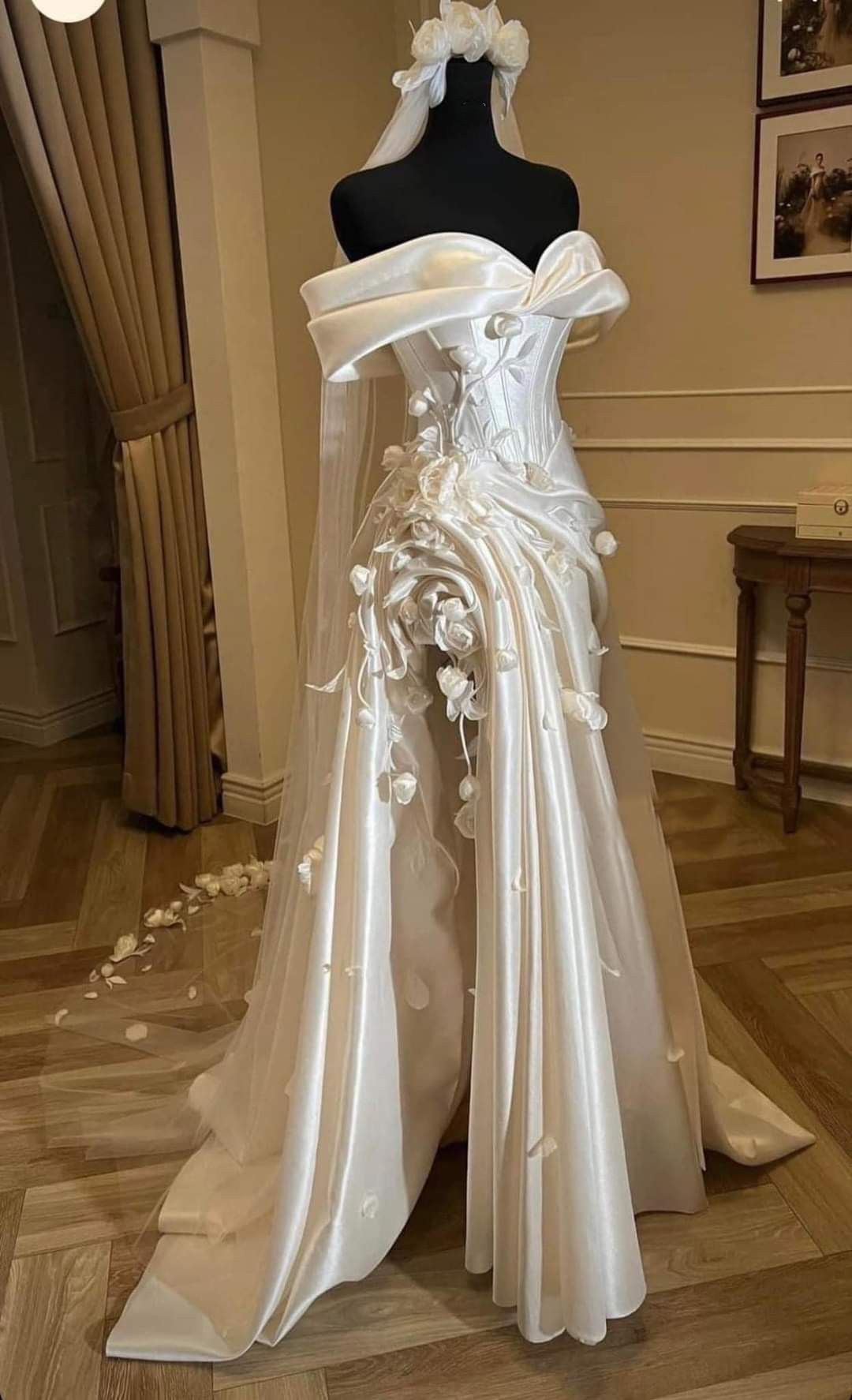 Charming Off The Shoulder White Satin Pleated Mermaid Long Wedding Dress With Flowers