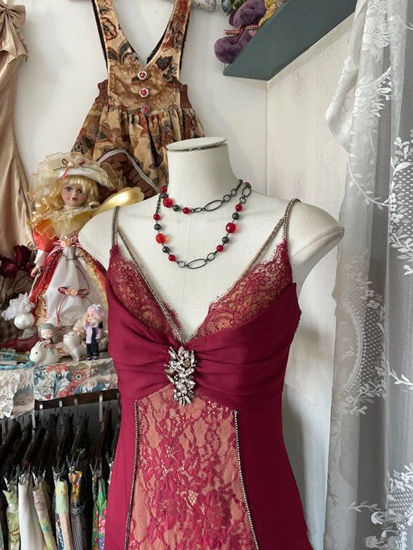 Retro Lace Burgundy Long Prom Dress Mermaid Evening Party Gown