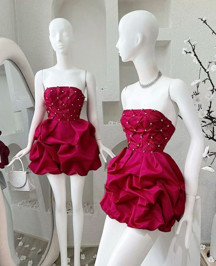 Burgundy Strapless Satin Beaded Cocktail Dress Short Party Dress