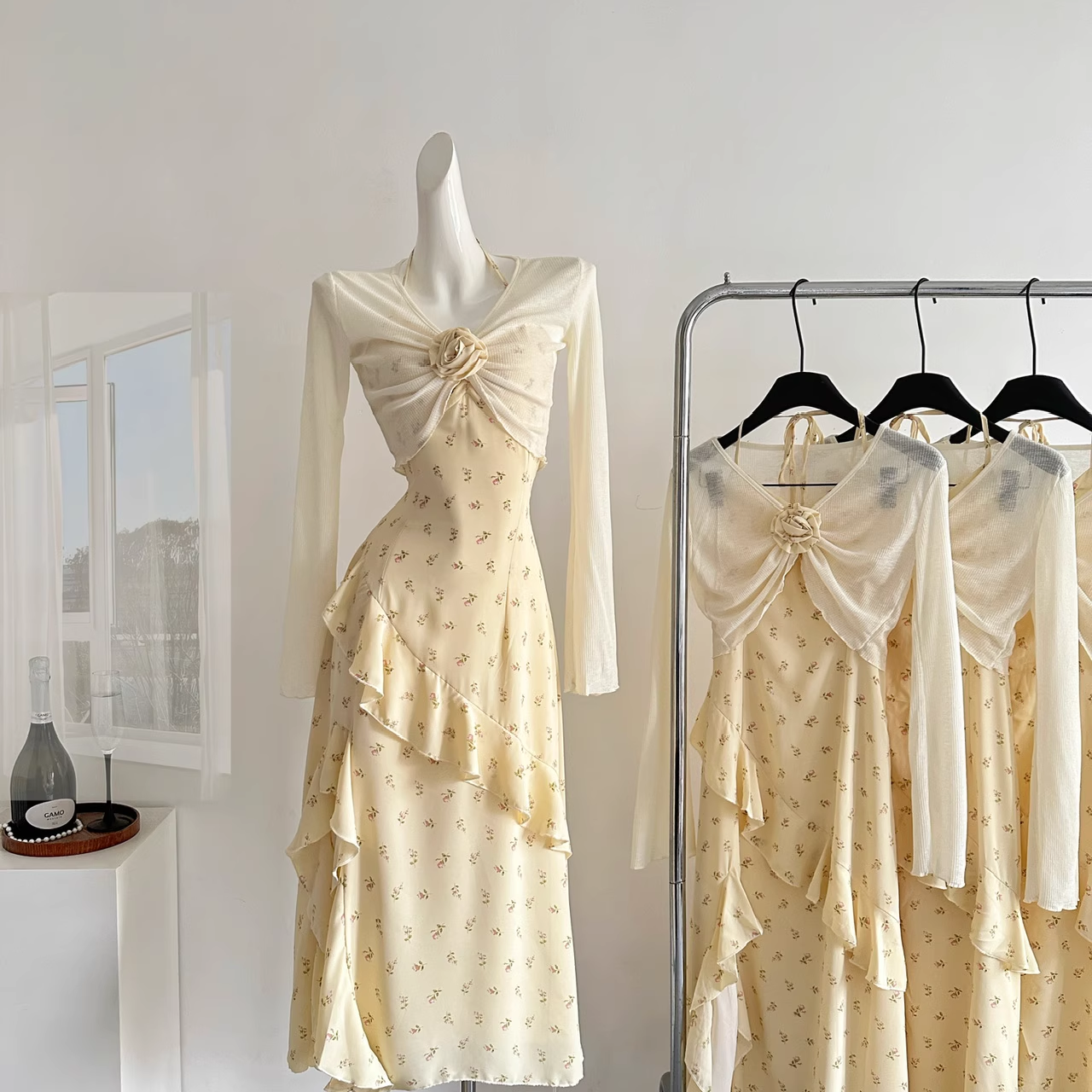 Sweet Slit Irregular Yellow Floral Vacation Dress Two-Piece