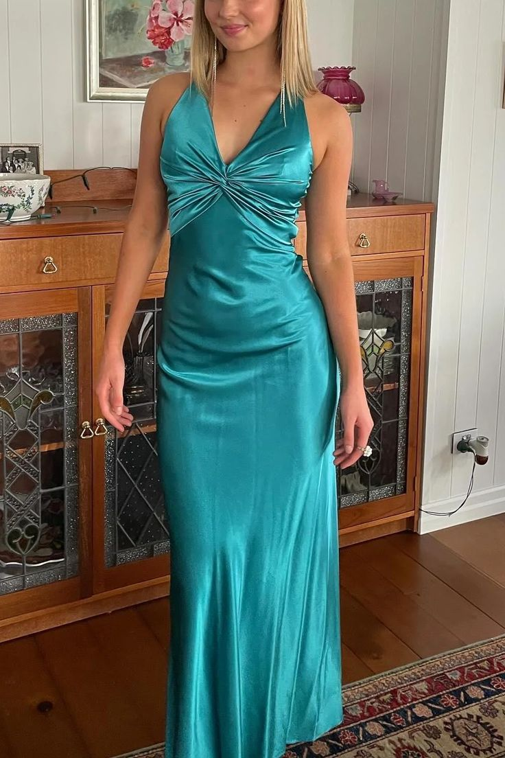 Vintage Olive Green V Neck Satin Long Prom Dress Evening Dress