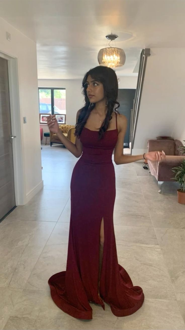 Burgundy dark red glittery prom dress