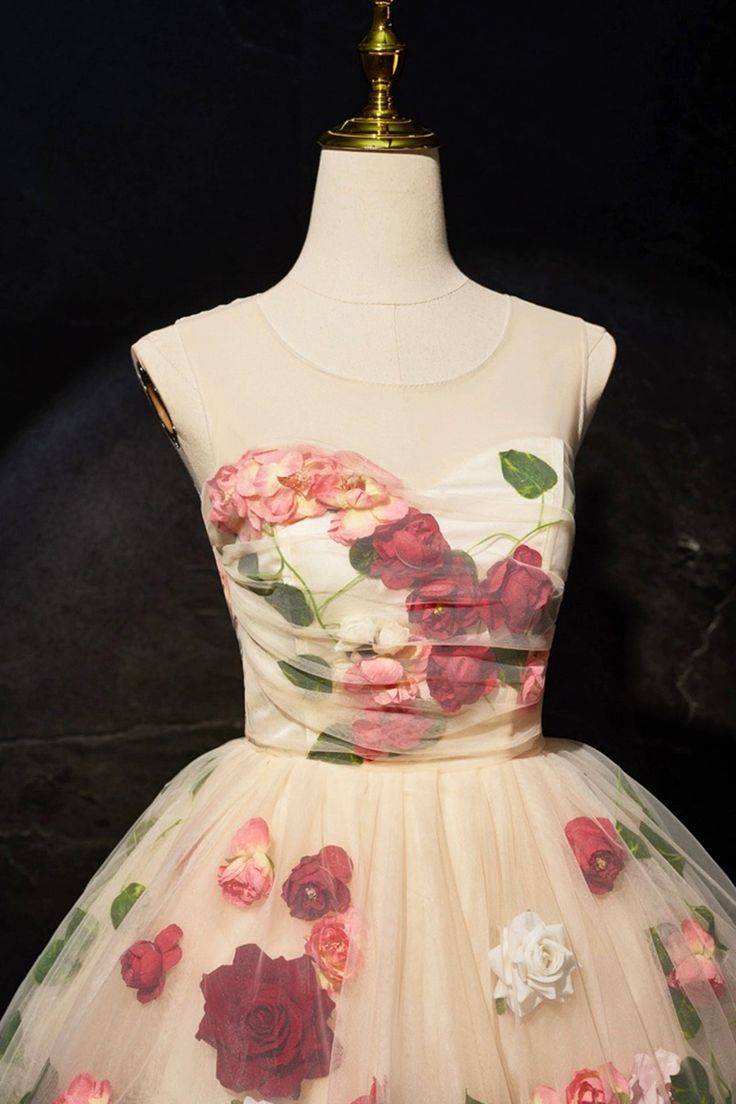 Cute Scoop Neck Short Prom Dress with Flowers, A-Line Party Dress