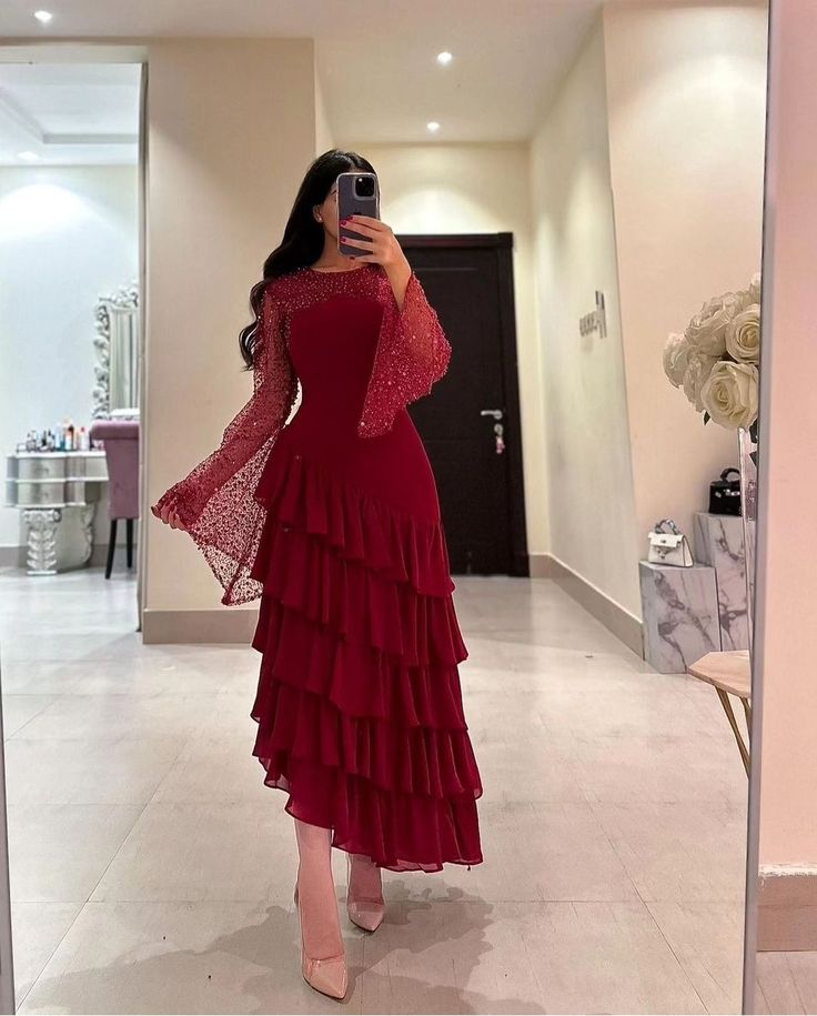 Women's Ankle Length Sequin Dress O Neck Tiered Burgundy Evening Dress