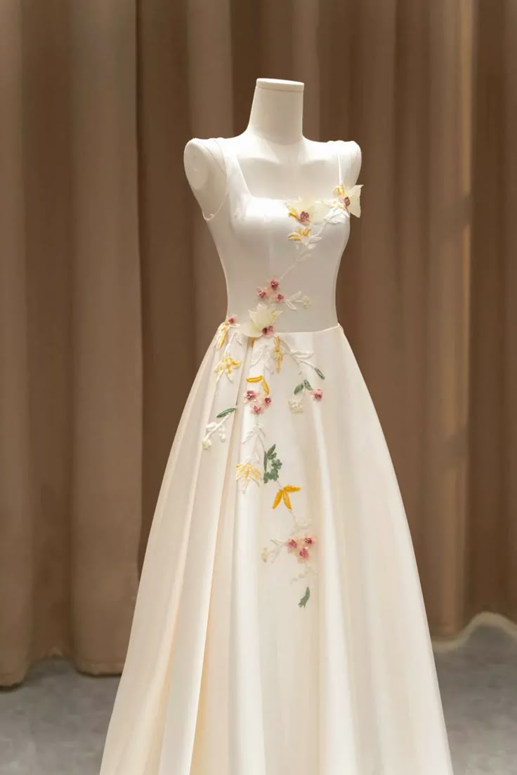 Elegant Satin Floor Length Formal Dress with 3D Flowers, Light Champagne A-Line Evening Party Dress