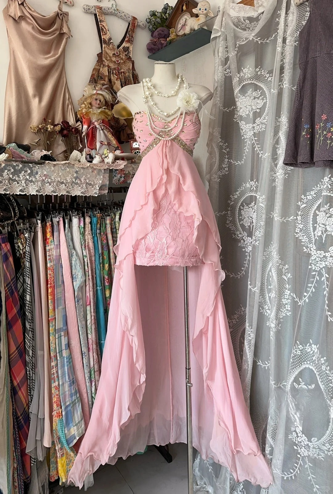 Pink Chiffon Strapless Long Prom Dresses Vintage Formal Evening Dress