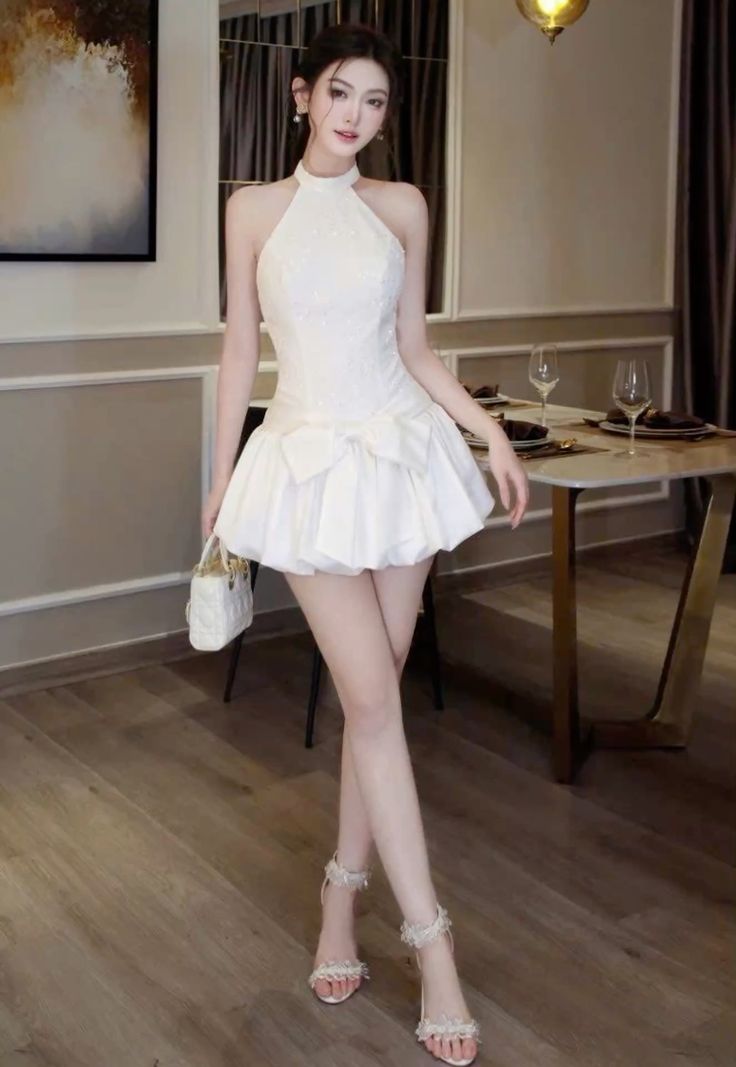A Line White Halter Short Prom Dress Birthday Party Dress Homecoming Dress