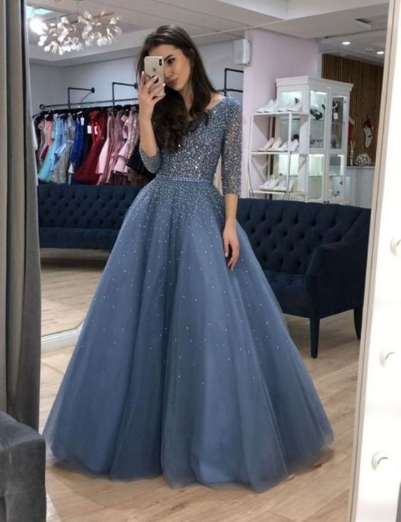 A-line V neck 3/4 Sleeve Elegant Long Prom Dresses Beaded Evening Formal Dress